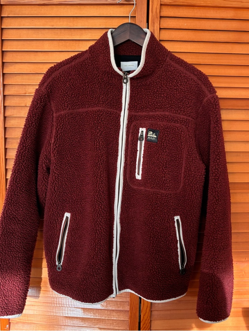 Aime Leon Dore Burgundy and Cream Sherpa Zip Jacket
